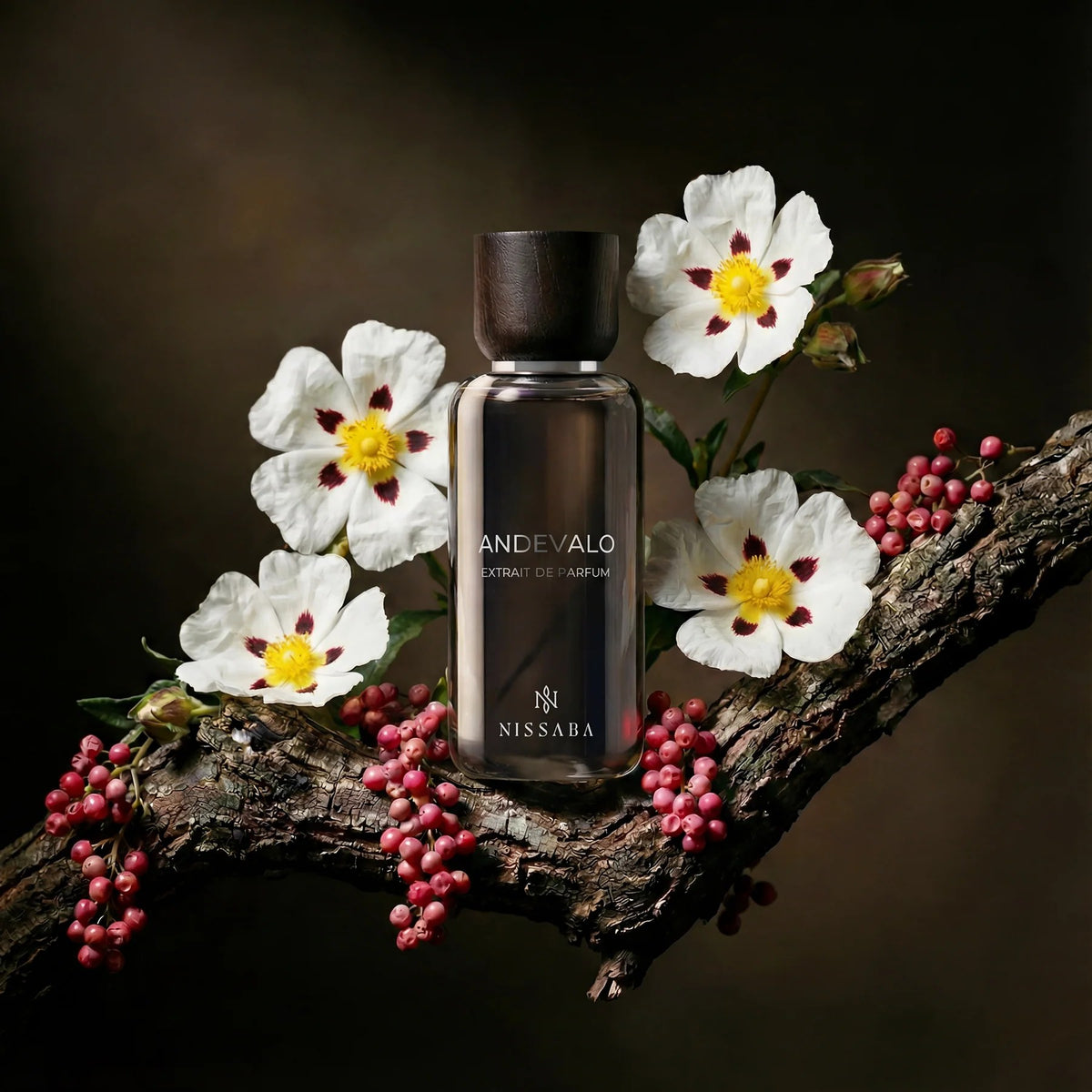 KSI Feature - Nissaba Andevalo on a branch among white cistus flowers and pink peppercorns