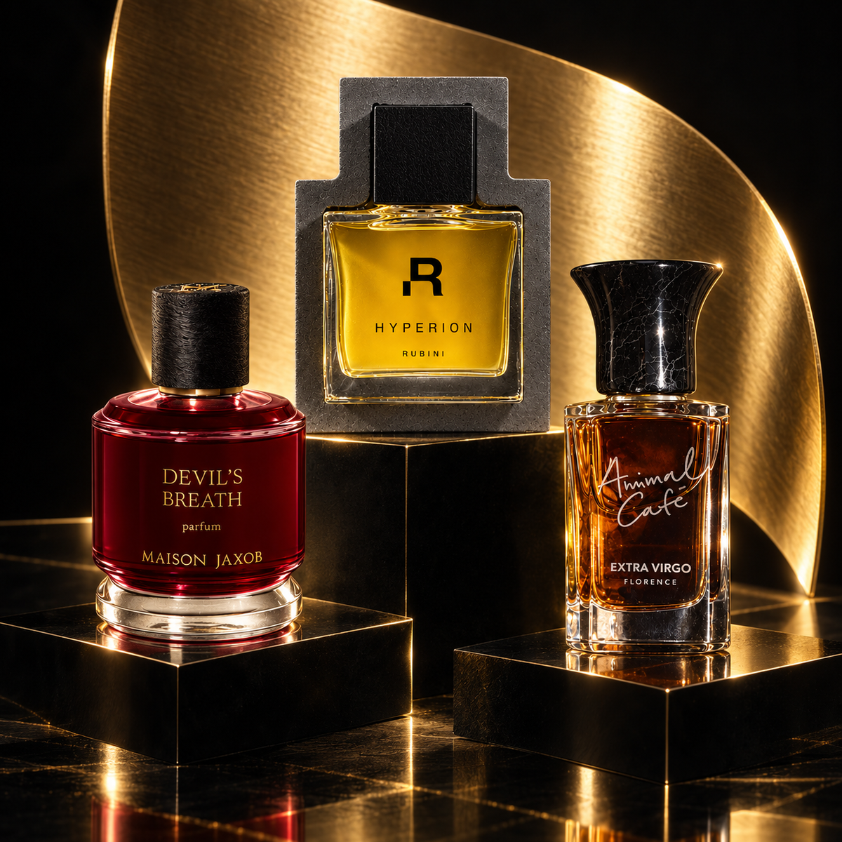 The Index: Maison Jaxob Devil’s Breath, Rubini Hyperion and Extra Virgo Animal Café full bottles in a black and gold setting
