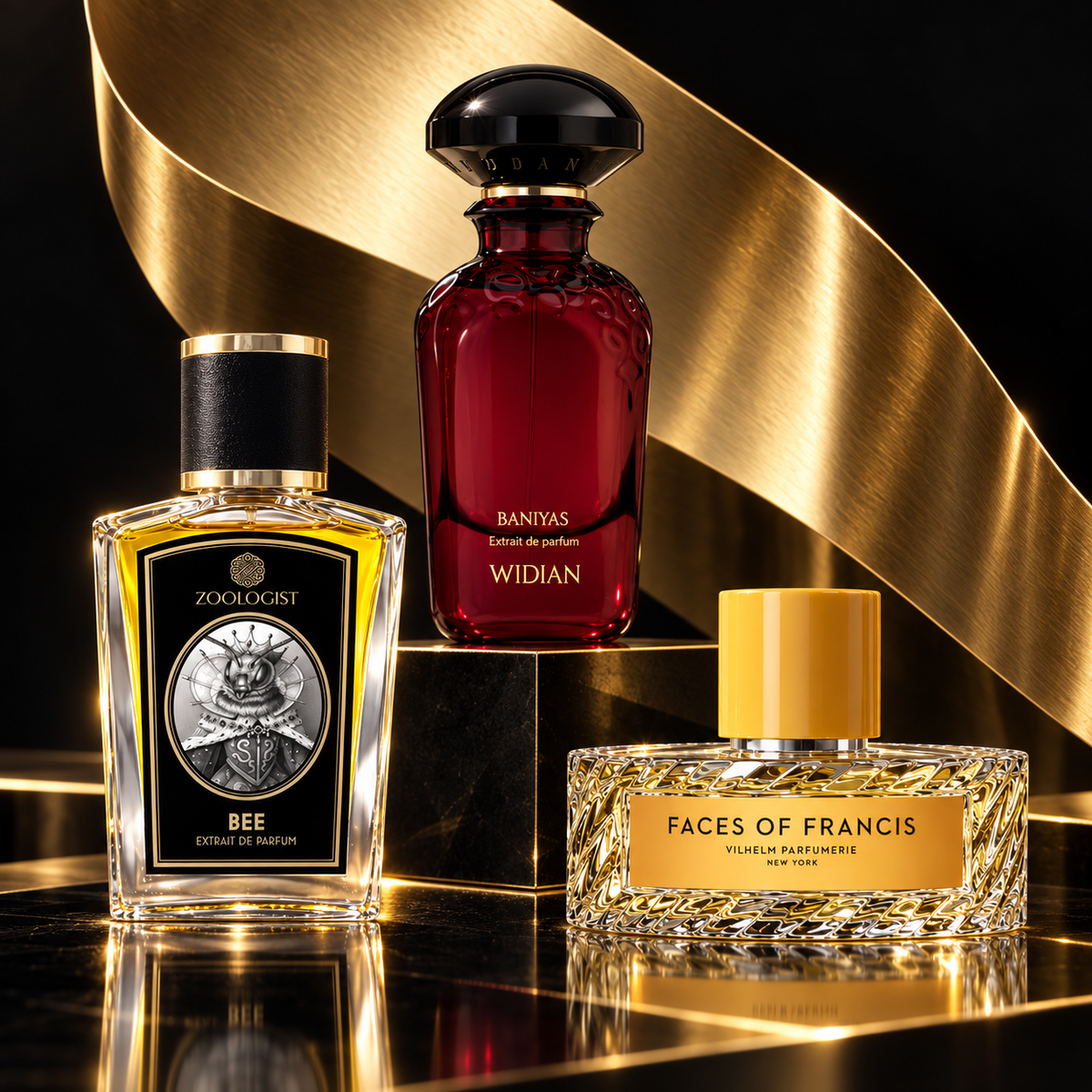 New & Noteworthy: Zoologist Bee, Widian Baniyas and Vilhelm Parfumerie Faces of Francis in a black and gold setting