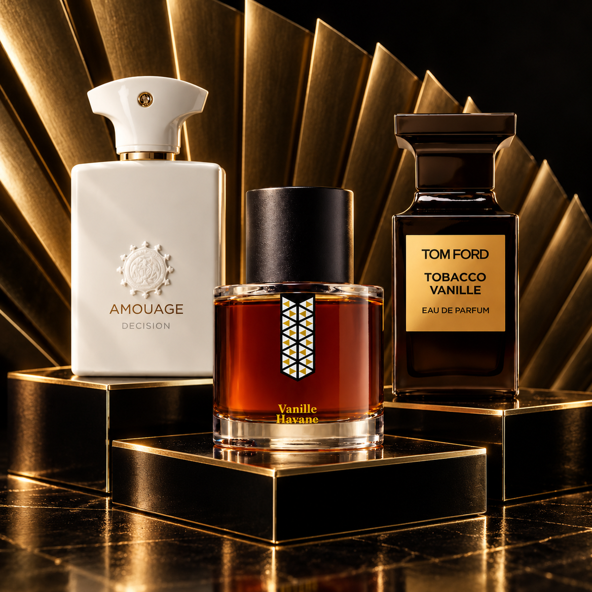 Samples: Amouage Decision, Les Indémodables Vanille Havane and Tom Ford Tobacco Vanille source fragrance bottles in a black and gold setting