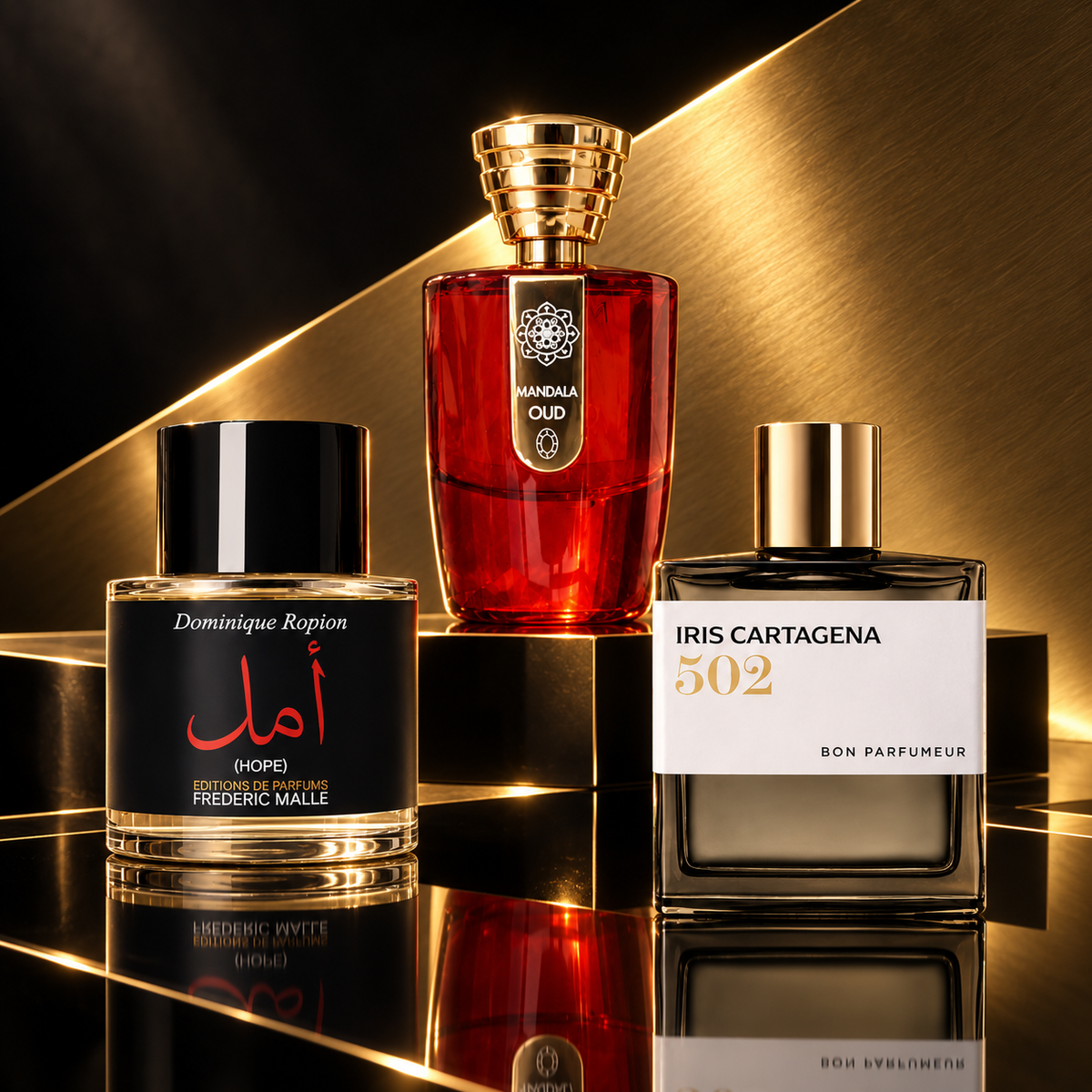Testers: Frédéric Malle Hope, Masque Milano Mandala Oud and Bon Parfumeur 502 Iris Cartagena in a black and gold setting