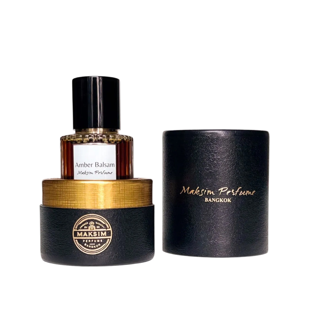 Maksim Amber Balsam bottle with the Maksim Perfume presentation box