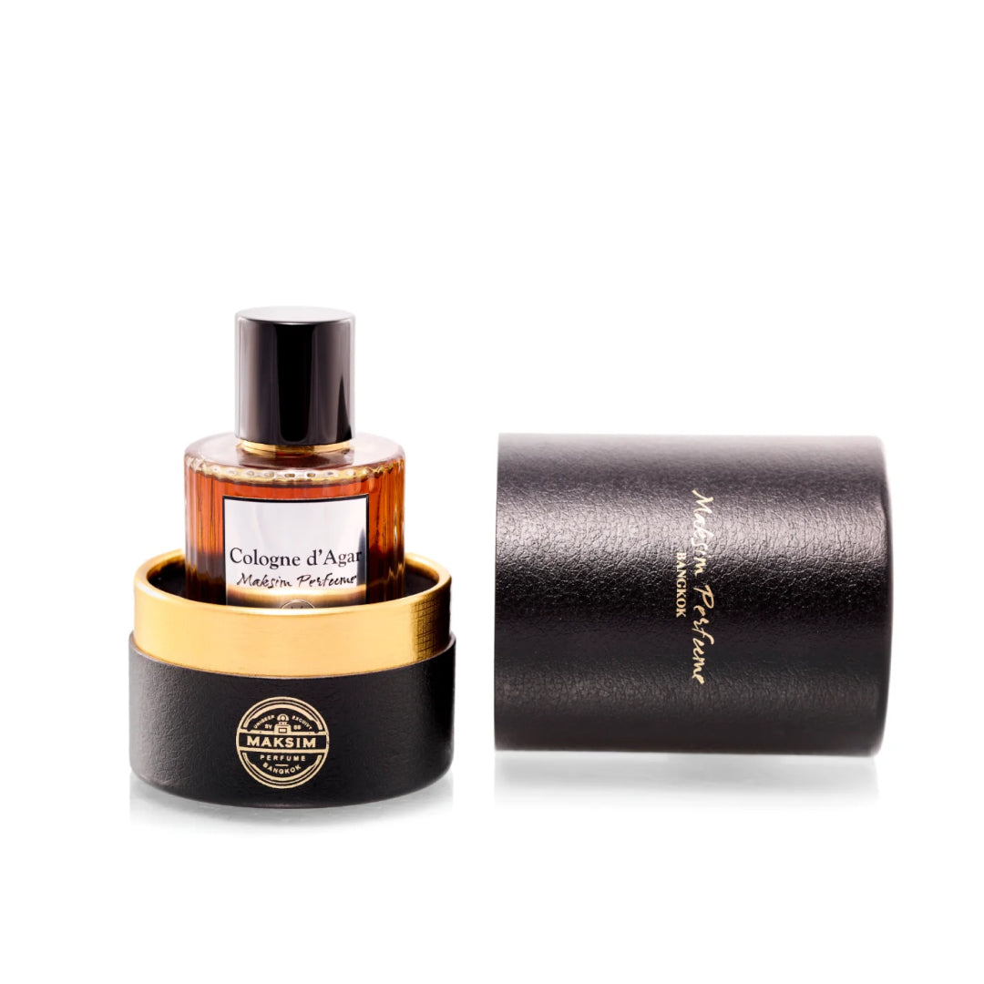 Maksim Cologne d'Agar bottle with the Maksim Perfume presentation box