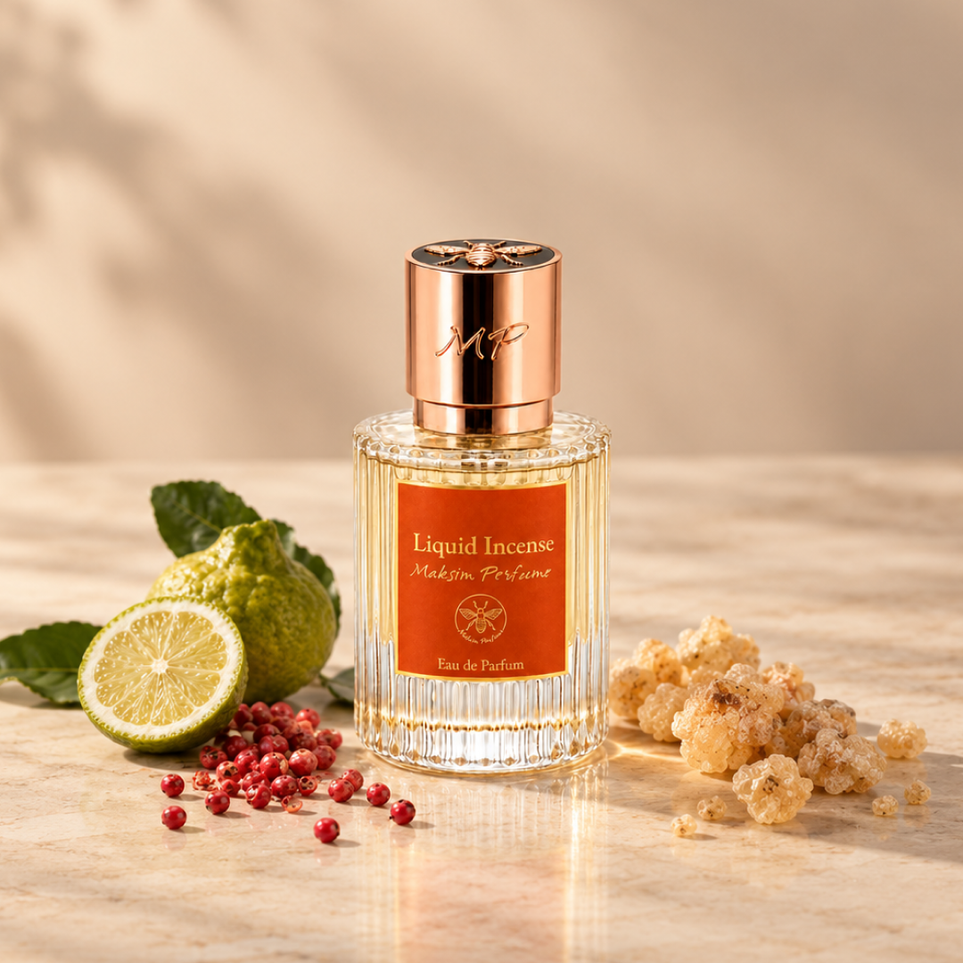 KSI Feature - Maksim Liquid Incense bottle with frankincense resin and citrus on warm stone