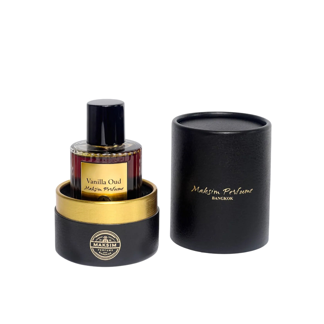 Maksim Vanilla Oud bottle with the Maksim Perfume presentation box