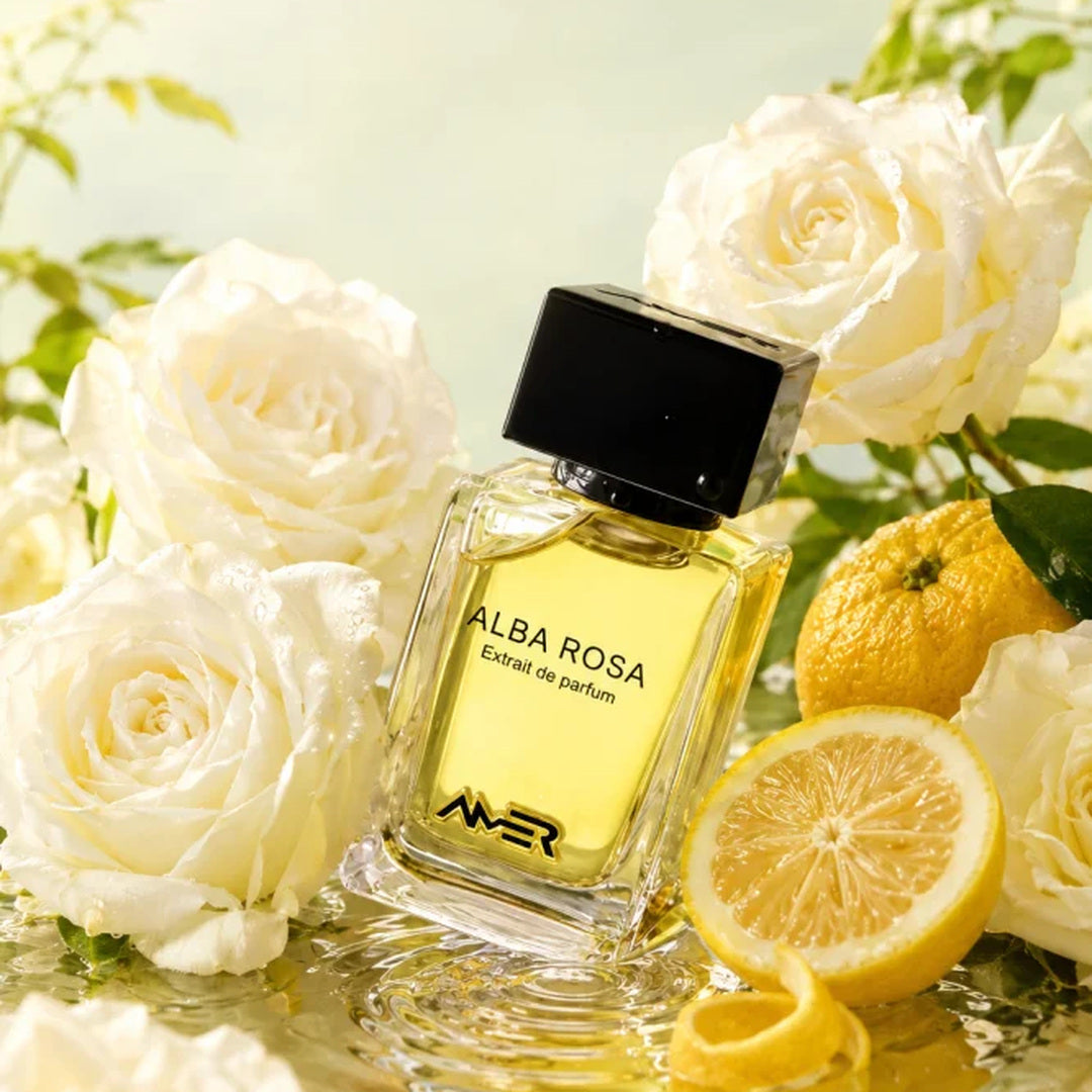 Amer Perfumes Alba Rosa Extrait de Parfum bottle with white roses and lemon