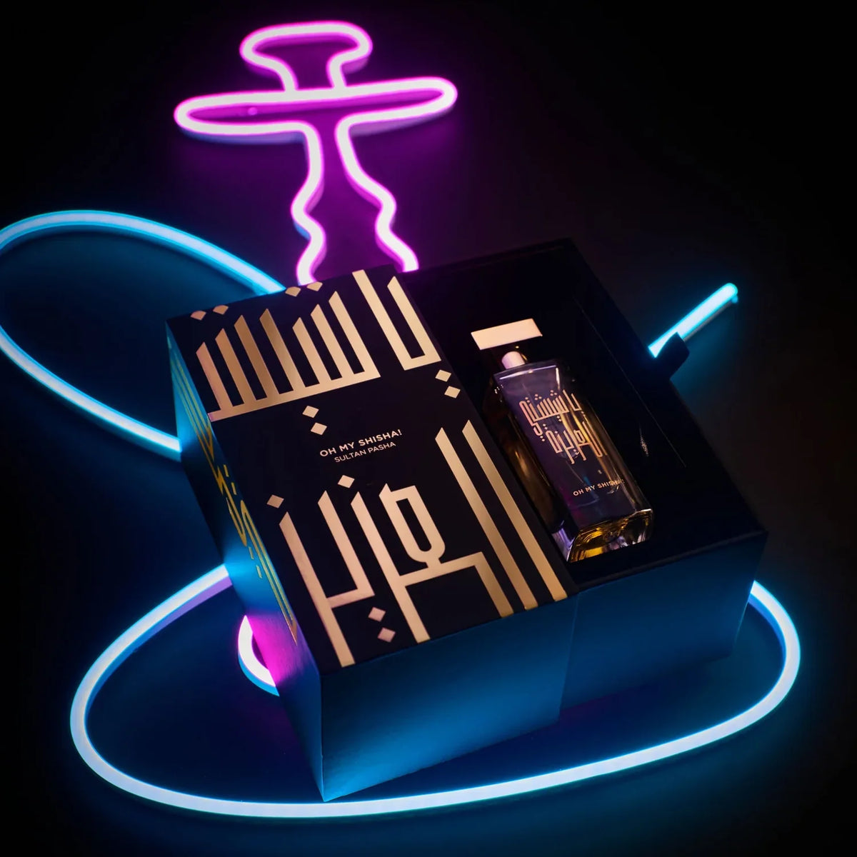 Azman Oh My Shisha gift box and bottle under a neon hookah sign
