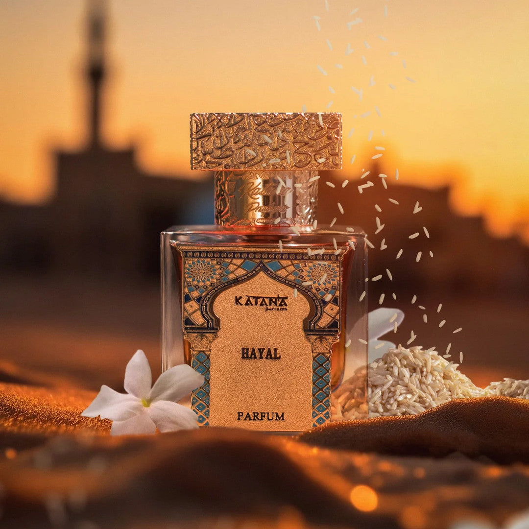 KSI Feature Katana Parfums Hayal parfum bottle at desert sunset with jasmine and rice