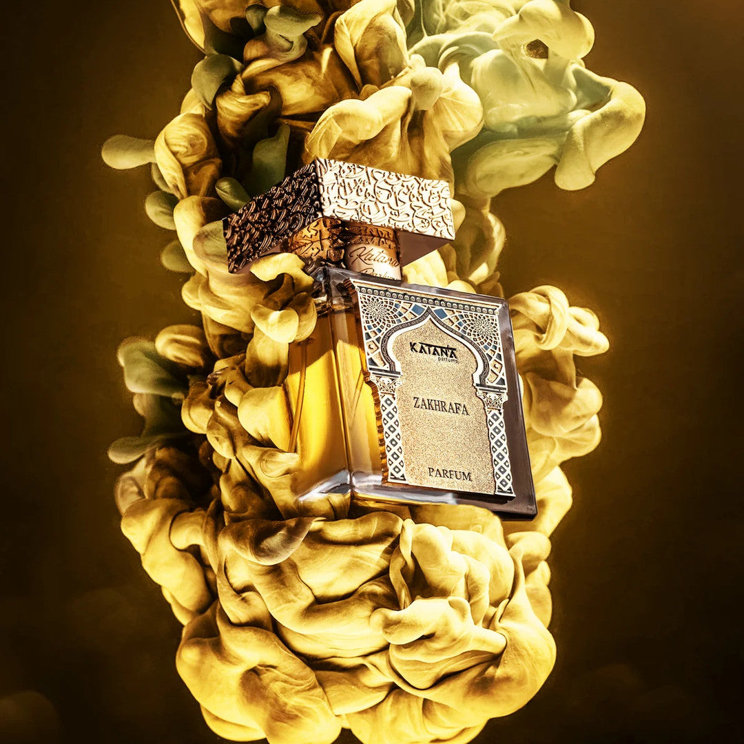 Katana Parfums Zakhrafa parfum bottle in golden smoke