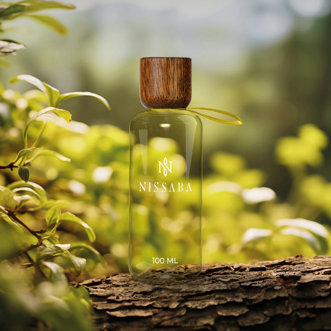 Nissaba Chaco eau de parfum bottle on bark among sunlit green foliage