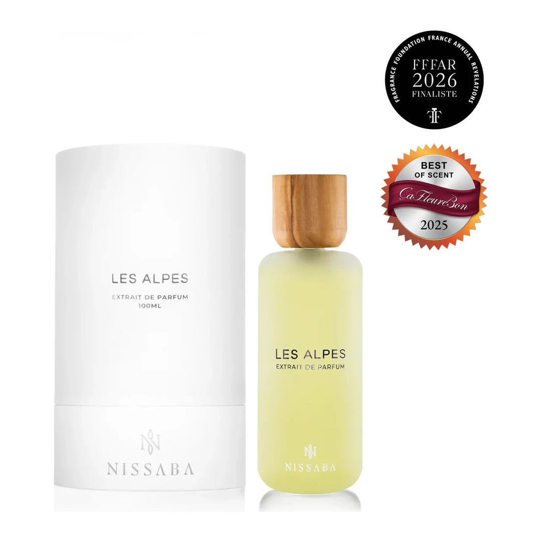 Nissaba Les Alpes extrait de parfum bottle with its tube packaging