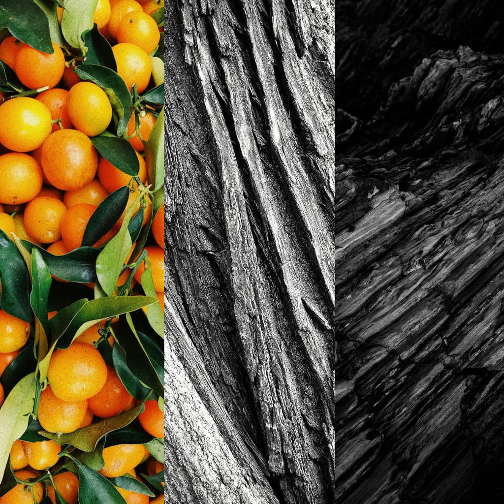 Rania J. Oud Assam raw materials, bitter orange, agarwood and charred wood