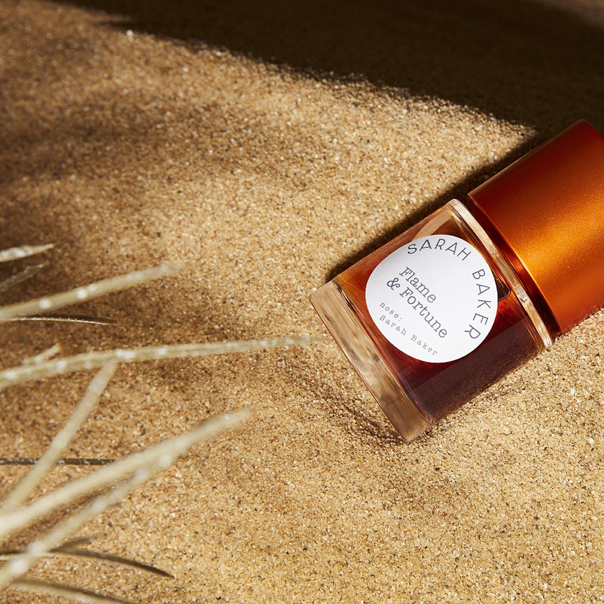 Sarah Baker Flame & Fortune lying in sand with dry grass