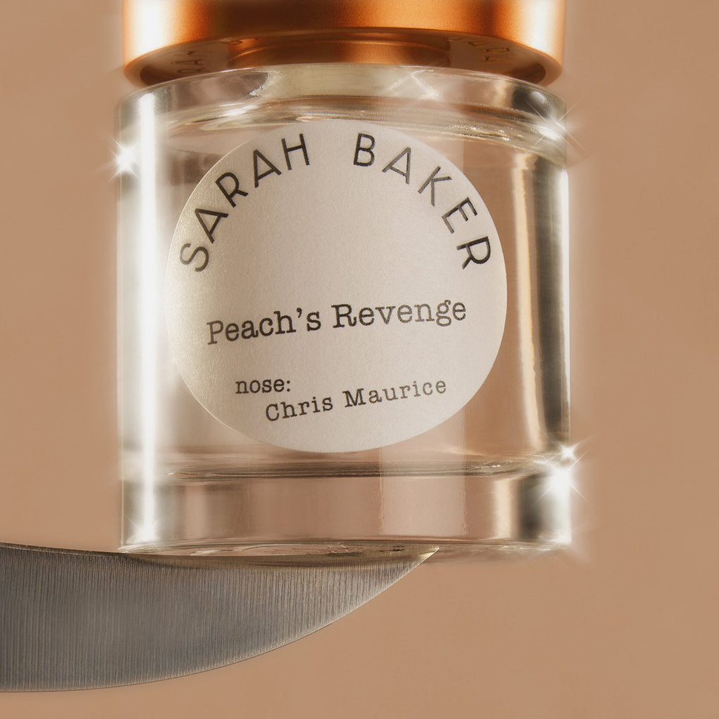 Sarah Baker Peach's Revenge label close up on a blade