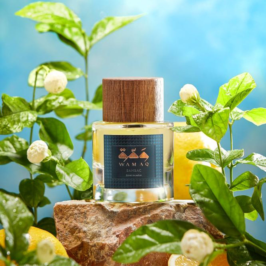 KSI Feature — Wamaq Sambac, bottle on stone with jasmine sambac and lemon