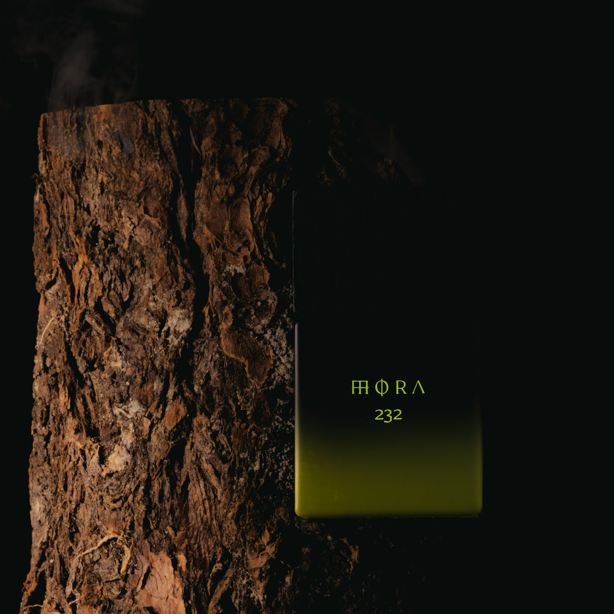 Wolf Brothers Mora eau de parfum bottle beside wet tree bark
