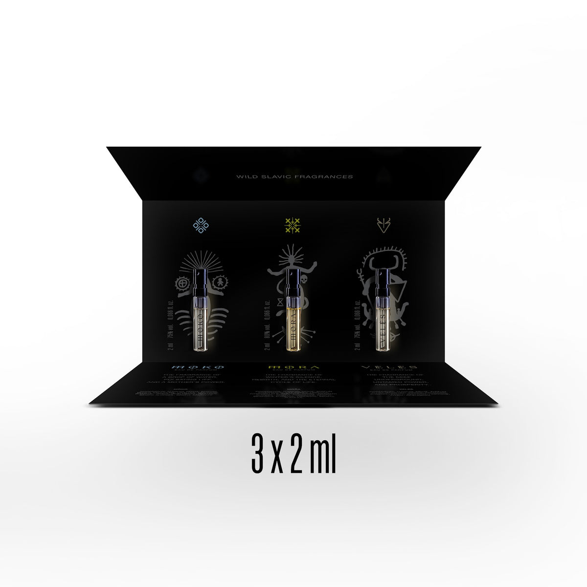 Wolf Brothers Slavic Set presentation box open with the Slavic Myths vials