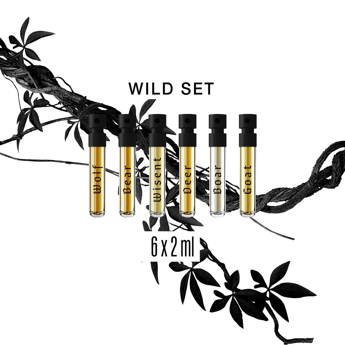 Wolf Brothers Wild Set vials with foliage illustration