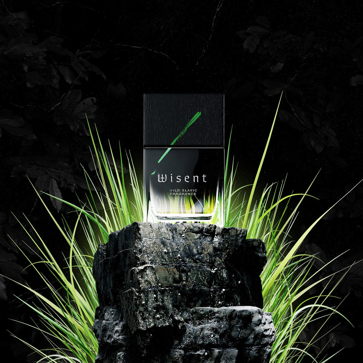 Wolf Brothers Wisent eau de parfum bottle on mossy rock among grass