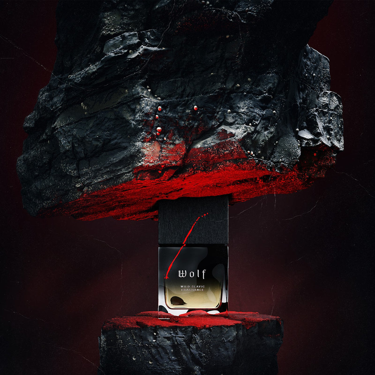 Wolf Brothers Wolf eau de parfum bottle on red lit stone